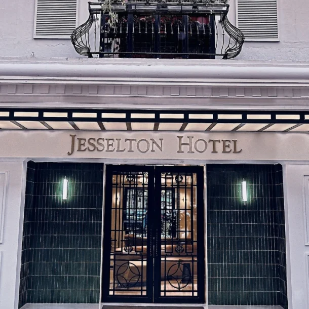 Entrance door of The Jesselton Hotel Kota Kinabalu featuring colonial-style architecture in Kota Kinabalu city centre