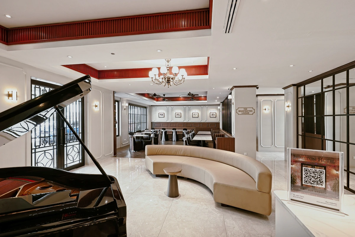 Historic lobby interior and Mountbatten Lounge at The Jesselton Hotel Kota Kinabalu